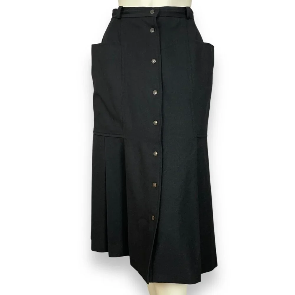 Vintage Henri Luc‎ Chapuis H-L Wool Skirt Pleated Black Lined Wide Pockets Snaps